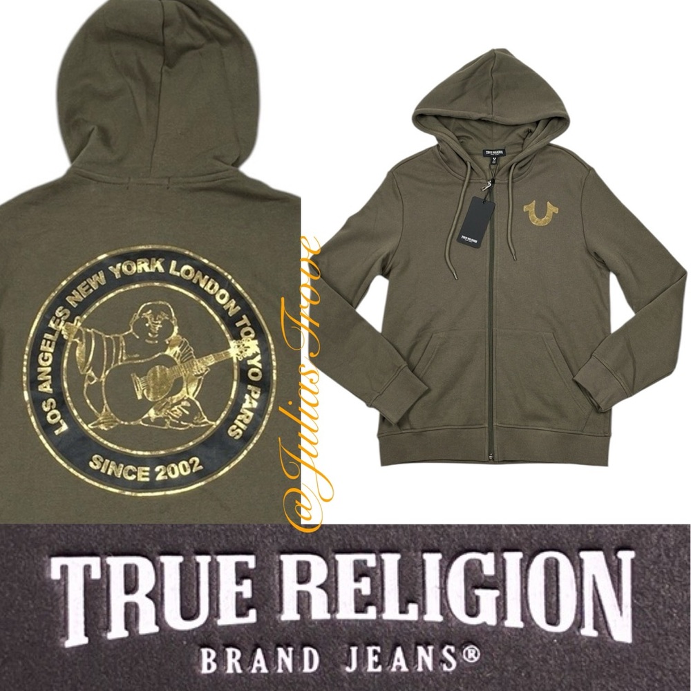 True Religion Zip Hoodie City Buddha Olive Sweatshirt NWT